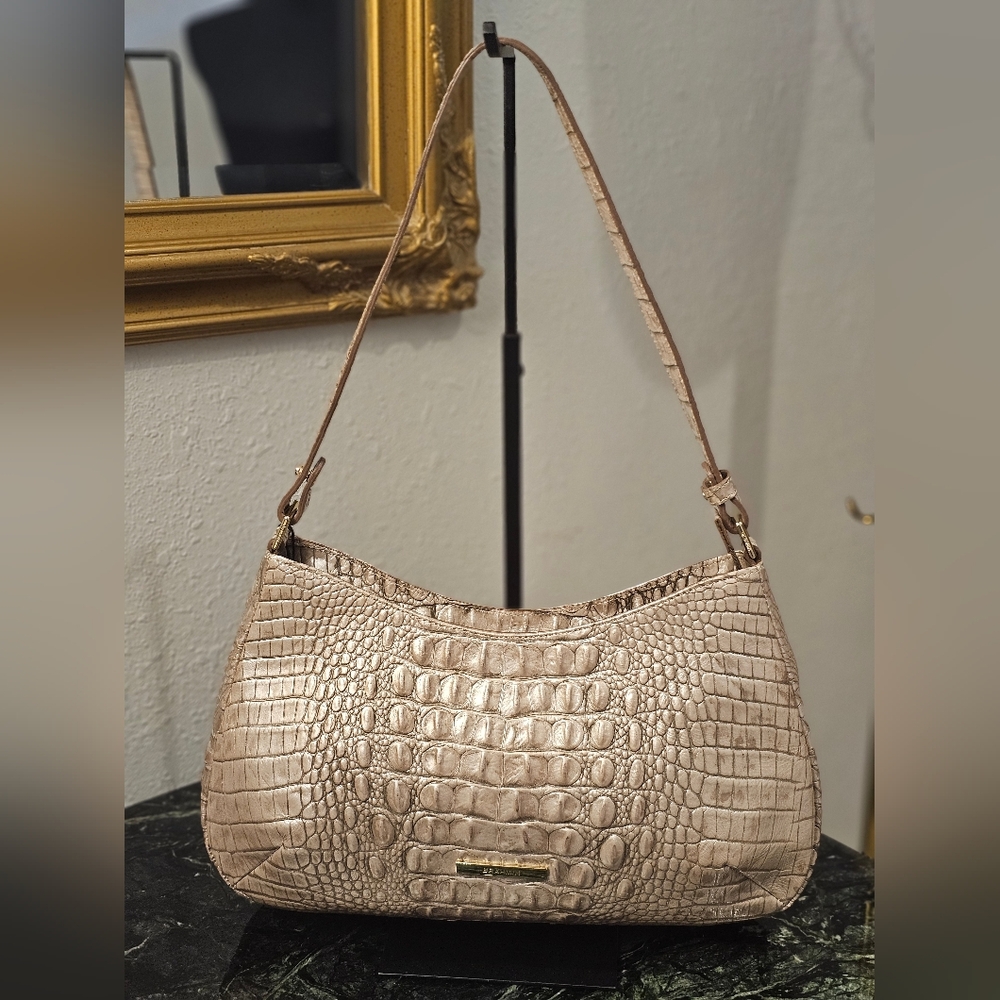 Brahmin Crocodile-Embossed Cream Shoulder Bag